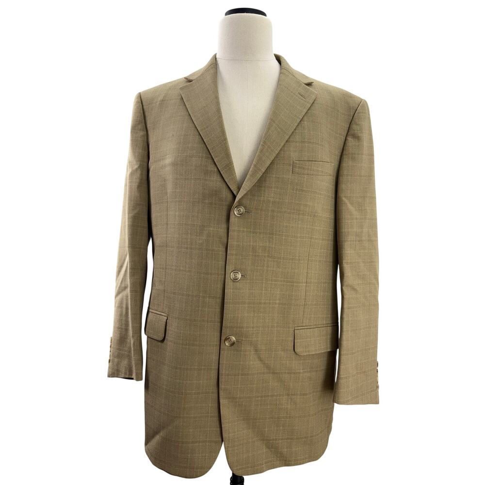 Vintage 90s Oleg Cassini Tan Check Wool Blend Sport Coat Blazer Men's 46R